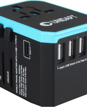 Unidapt Universal Travel Adapter, European Travel Plug Adapter - International Power Adapter Worldwide Charger with USB-C & 4 USB Ports, Travel Essentials for Italy, Japan, Europe, UK (UA-101, Blue)